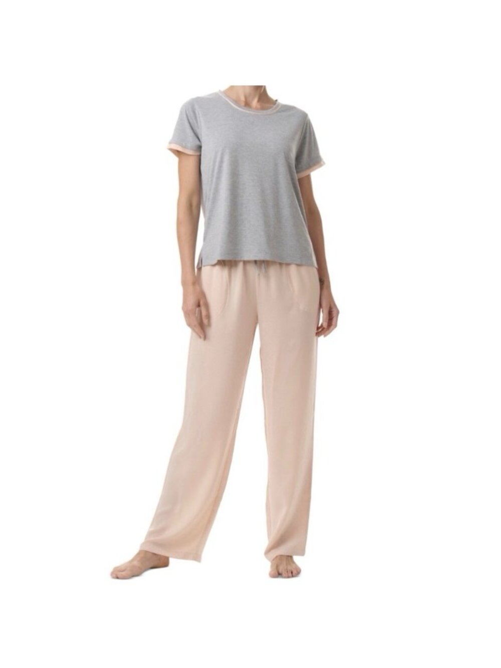 Tommy Hilfiger Women's 2 Pc Short-Sleeve Satin Logo Gray Peach Pajama Set XL